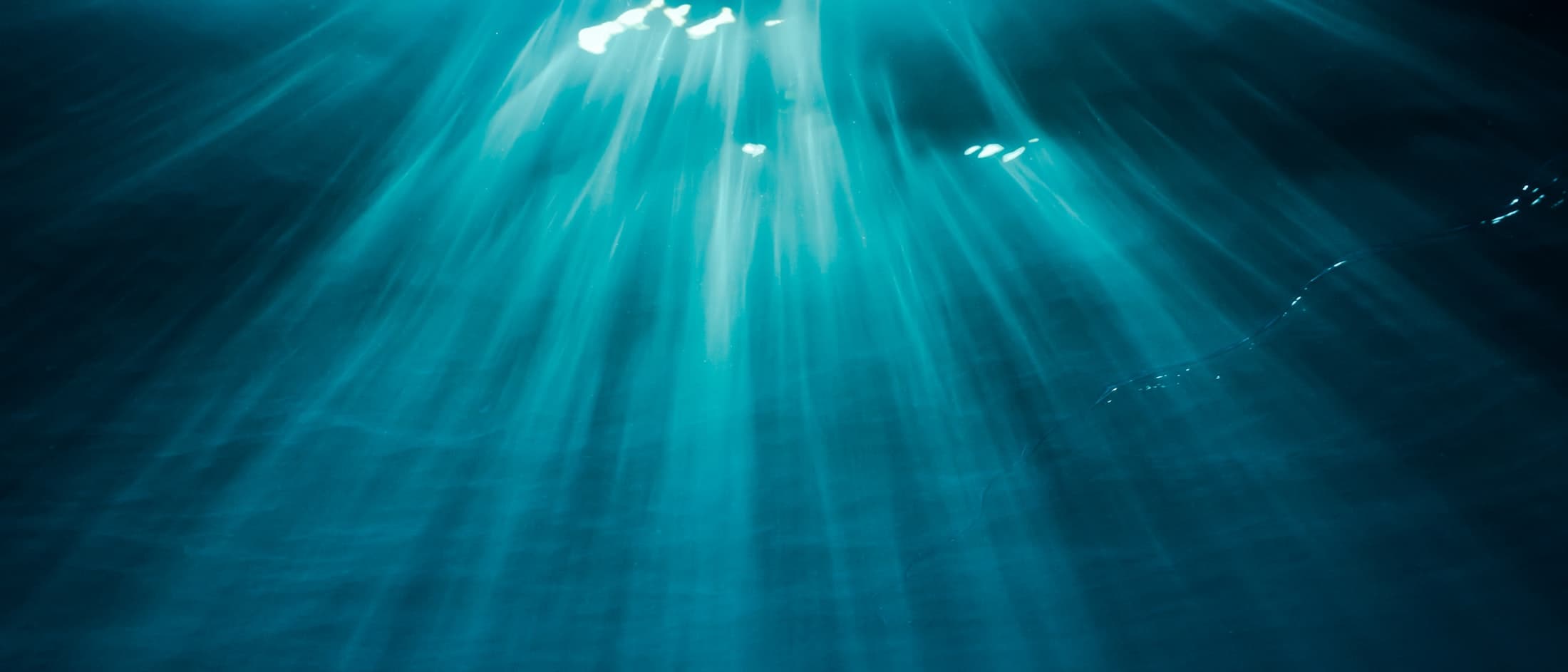 Shafts of sunlight breaking through the surface of deep teal water